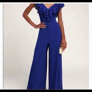 Lulus Laurin Royal Blue Ruffled Wide-Leg Jumpsuit, pageant, size small